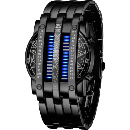 Binary Matrix Blue LED Digital Watch Mens Classic Creative Fashion Black Plated Wrist Watches