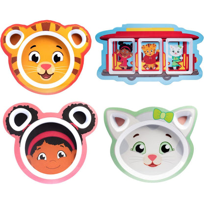4 Daniel Tiger Mealtime Feeding Plates -Cute Dishes for Kids w/ Daniel Tiger, Trolley, Katerina Kitty Cat & Elaina - Divided Compartments for Portion Control & Healthy Eating, Dishwasher Safe