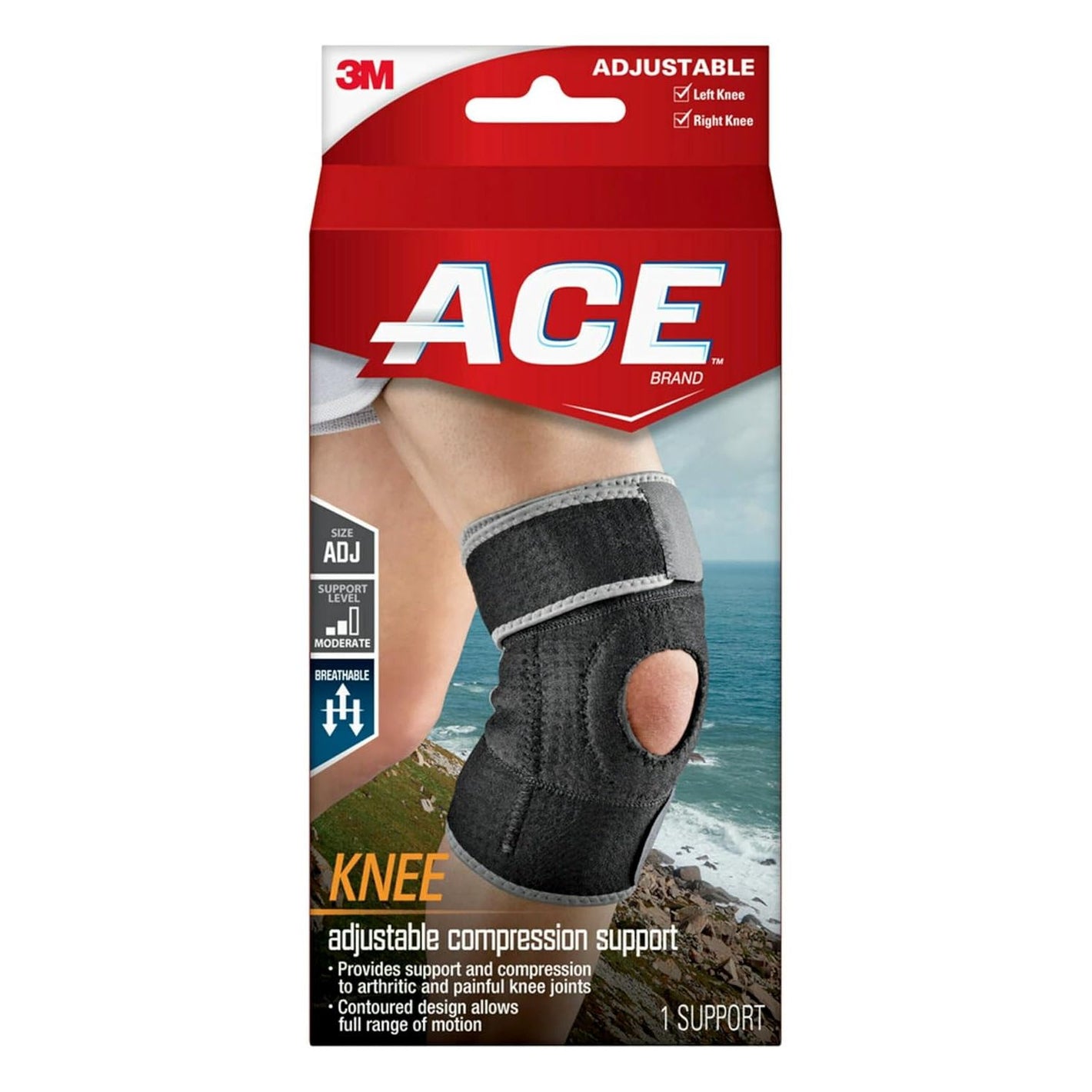ACE Brand Adjustable Compression Knee Support, Moderate Support for Weak, Sore or Injured Joints, One Size Fits Most