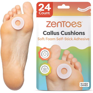 ZenToes Callus Cushions | Water-Resistant Self-Stick Adhesive Corn Pads | Foot, Heel, & Toe Discomfort Relief | Soft Foam for Friction Protection | Ideal for Active Lifestyles | 24-Pack