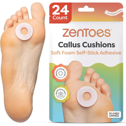 ZenToes Callus Cushions | Water-Resistant Self-Stick Adhesive Corn Pads | Foot, Heel, & Toe Discomfort Relief | Soft Foam for Friction Protection | Ideal for Active Lifestyles | 24-Pack
