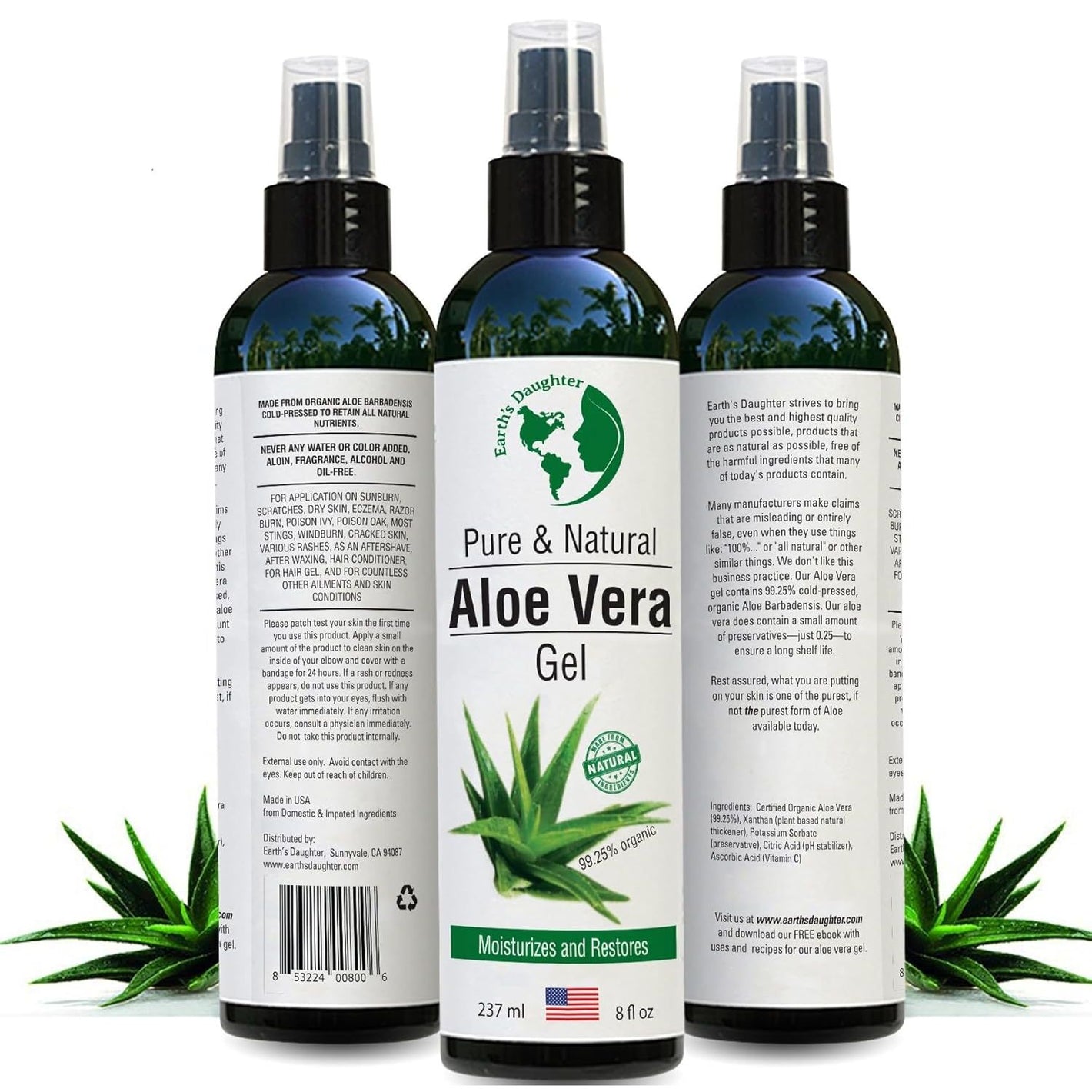 Earth's Daughter Organic Aloe Vera Gel from 100% Pure and Natural Cold Pressed Aloe - Great for Face - Hair - Acne - Sunburn - Bug Bites - Rashes - Eczema - 8 Oz.
