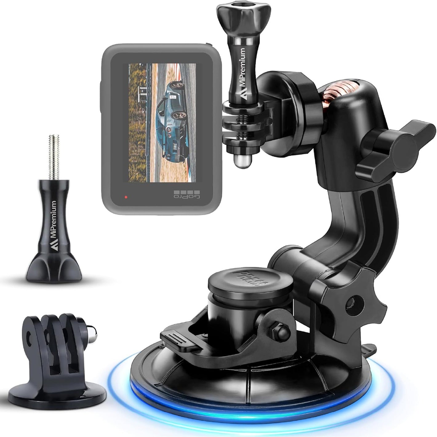 MiPremium Car Suction Cup Mount for GoPro Hero 13 12 11 10 9 8 7 6 5 4 3 3+ 2 Session Black Silver XIAOYI 4K SJCAM Yi Sports Action Camera Dash Cam holder perfect for Boats Vehicle Windshield & Window