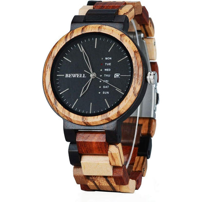 BEWELL Wood Watches for Men Week & Date Quartz Mens Wooden Watch