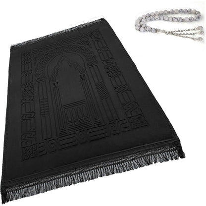 Prayer Rug Muslim Mat Islamic - Thick Large Padded Sajadah for Kids Men Women with Islam Prayer Beads for Eid Travel Ramadan, Soft Luxury Great for Knees and Forehead(Green)