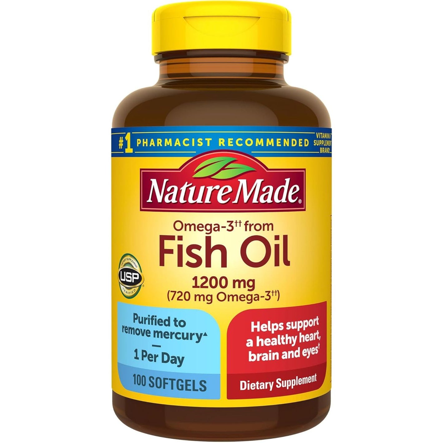 Nature Made Fish Oil Omega 3 Supplements, Omega 3 Fish Oil as Ethyl Esters 1200 mg Softgels, EPA DHA Supplement for Healthy Heart, Brain, Eye Support, One Per Day, 100 Softgels