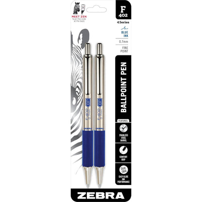 Zebra Pen F-402 Stainless Steel Retractable Ballpoint Ink Pens 2-Pack, Black Ink, 0.7mm Fine Point, Easy-Glide Ink, Non-Slip Grip, Metal Clip, Refillable With F-Refill (29212)