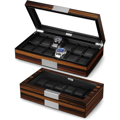 12 Watch Box for Men Watch Display Case Wood Luxury Watch Box with Large Glass Window,Watch Organizer Box with Ultra Smooth PU Leather Interior