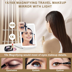 LED Foldable Travel Makeup Mirror - 5x7 inches 3 Colors Light Modes USB Rechargeable Touch Screen, Portable Tabletop Cosmetic Mirror for Travel, Cosmetic, Office (White)