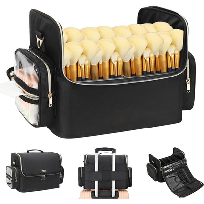 Makeup Brush Case Stand-up Makeup Cup Travel Professional Cosmetic Bag Artist Storage Bag Large Makeup Brush Bag with Adjustable Divider (Large, Black)