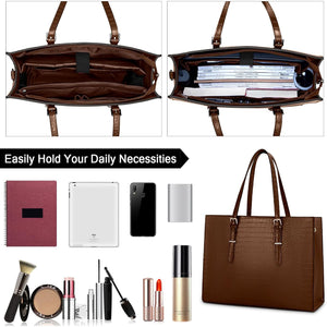 Laptop Bag for Women 15.6 Inch Laptop Tote Bag Leather Classy Computer Briefcase for Work Waterproof Handbag Professional Shoulder Bag Women Business Office Bag Large Capacity Coffee