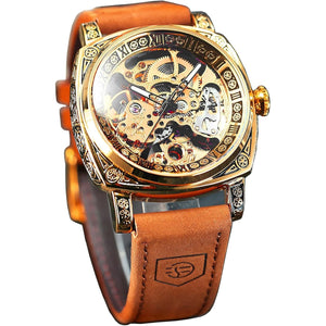 FORSINING Square Luxury Retro Mechanical Watch for Men, Gorgeous Hollow Skeleton Self-Wind Carved Automatic Watches Vintage Leather Strap Wristwatch Silver Dail Black Strap