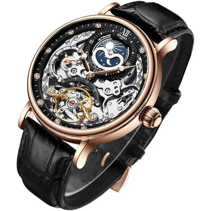 IK COLOURING Bestn Mens Luxury Skeleton Automatic Mechanical Wrist Watches Leather Moon Phrase Luminous Hands Self-Wind Watch