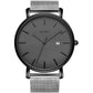 BUREI Men Watches Brown Leather Fashion Minimalist Wrist Watch Simple Ultra Thin Waterproof Quartz Watches All Black Stainless Steel Mesh Band,Gift for Men Women
