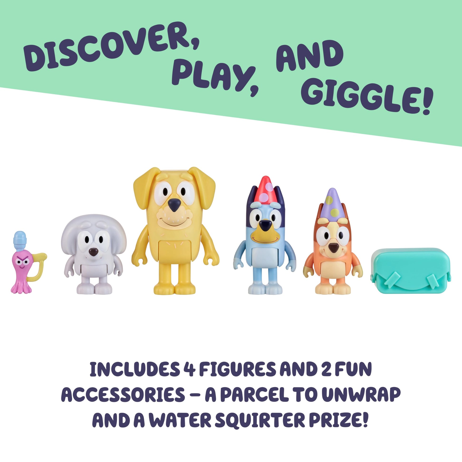 Buy now Bluey Pass The Parcel Figurine Toys Pack of 4, Character Toys with Bingo, Lucky’s Dad, and Lila Figures, Small Action Figures for Kids Ages 3+ at indiglob india