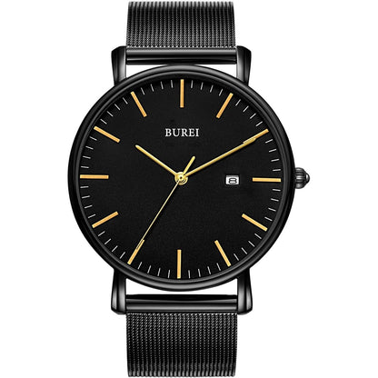 BUREI Men Watches Brown Leather Fashion Minimalist Wrist Watch Simple Ultra Thin Waterproof Quartz Watches All Black Stainless Steel Mesh Band,Gift for Men Women