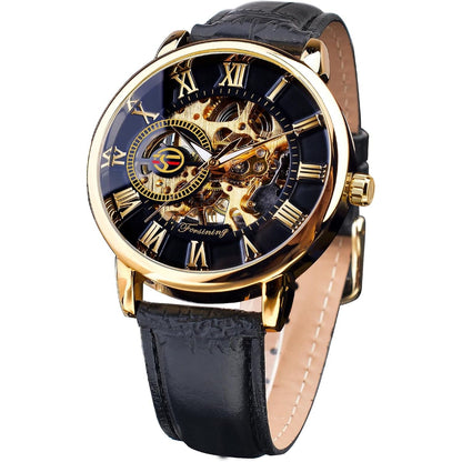 FORSINING Men's Skeleton Watch Steampunk Watch Black Mechanical Watch for Men Minimalist Retro Design Mechanical Skeleton Wrist Watch Transparent