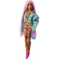 Barbie Extra Doll & Accessories with Long Pink Braids in Teal Floral Jacket & 2-Piece Floral Outfit with DJ Pet Mouse