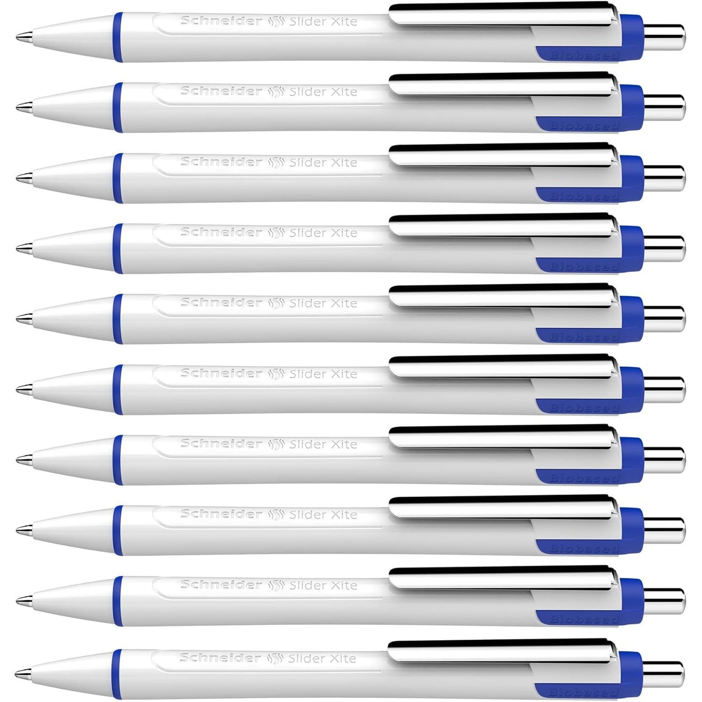 Schneider Slider Xite XB (Extra Broad) Ballpoint Pen, Refillable + Retractable, 1.4 mm, White Barrel w/Blue Accents, Blue Ink, Box of 10 Pens (133203)