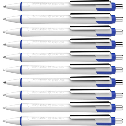 Schneider Slider Xite XB (Extra Broad) Ballpoint Pen, Refillable + Retractable, 1.4 mm, White Barrel w/Blue Accents, Blue Ink, Box of 10 Pens (133203)