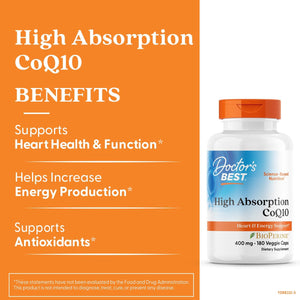 Doctor's Best High Absorption CoQ10, Heart & Energy Support, USP Verified, Naturally Fermented CoQ10, Non-GMO Gluten Free, Soy Free, Vegan 180 Veggie Caps