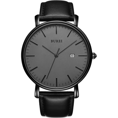 BUREI Men Watches Brown Leather Fashion Minimalist Wrist Watch Simple Ultra Thin Waterproof Quartz Watches All Black Stainless Steel Mesh Band,Gift for Men Women