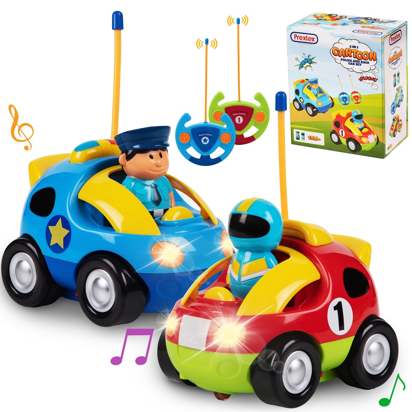 Buy now Prextex 2 Pack Cartoon Remote Control Cars for Toddlers - Police Car and Race Car with Steering Wheel Controllers and Lights - Different Frequencies So Both Can Race Together - Toddler Gift 18+ Months at indiglob india