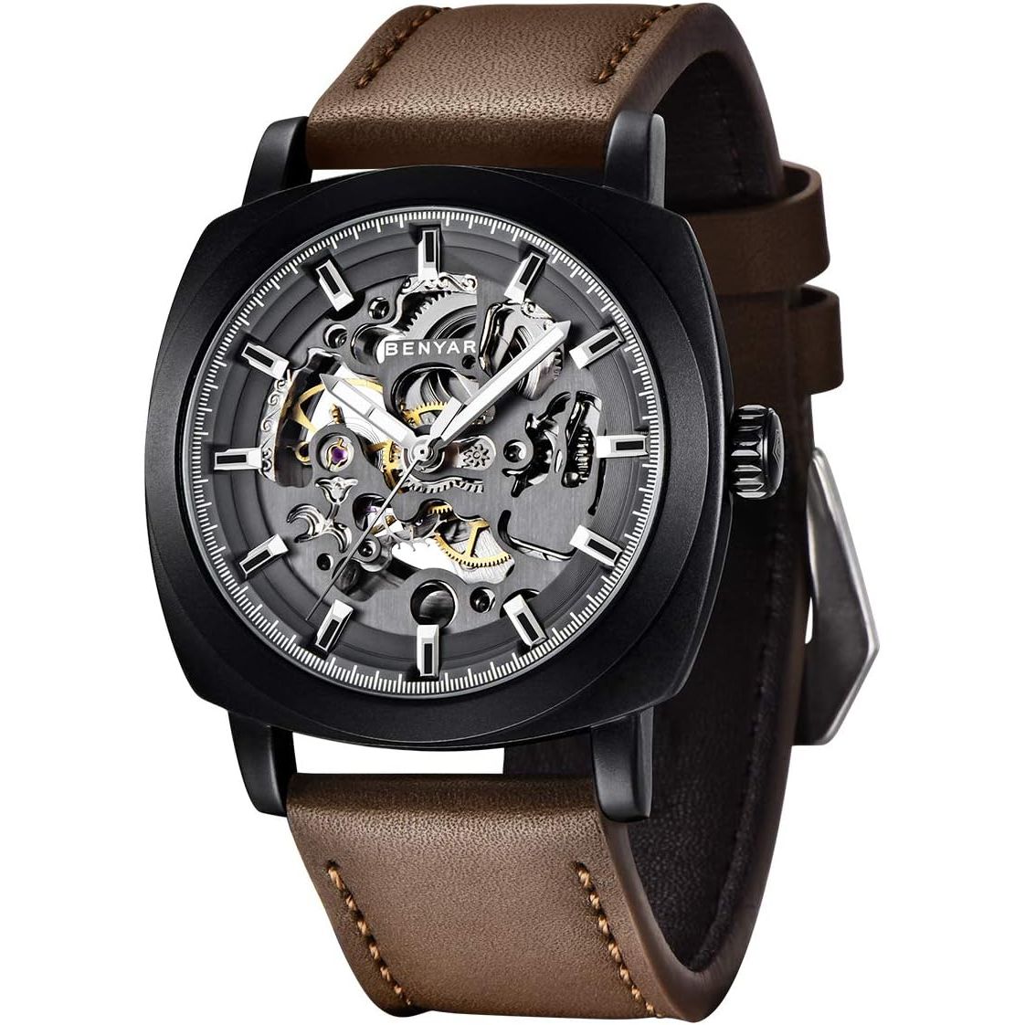 Benyar Automatic Watches for Men | Skeleton Mechanical Leather Strap Mens Watch | 45mm Dial | 30M Waterproof | Men's Stylish Gift