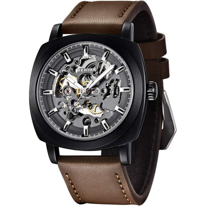 Benyar Automatic Watches for Men | Skeleton Mechanical Leather Strap Mens Watch | 45mm Dial | 30M Waterproof | Men's Stylish Gift