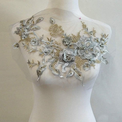 3D Embroidered Patches Nail Bead Tulle Applique Flower Patch for Clothing Wedding Dress Lace Fabric DIY Decoration(Pink1)