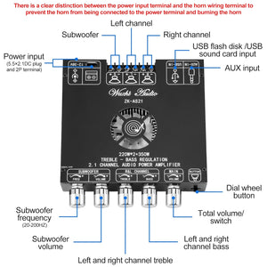Bluetooth Power Amplifier Board Stereo - HiFi 2.1 Channel 2X220W+350W Bluetooth 5.1 16-32V Digital Power Audio Amplifier Module Subwoofer Control with AUX/Bluetooth/USB Flash Drive (ZK-AS21)