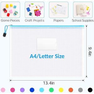 Sooez 20 Pack Mesh Zipper Pouch Bags, A4 Letter Size, Zipper Bags with Label Pocket, Waterproof Pouches for Classroom Organization, Board Game Storage, Document Bag for Teacher School Office Supplies
