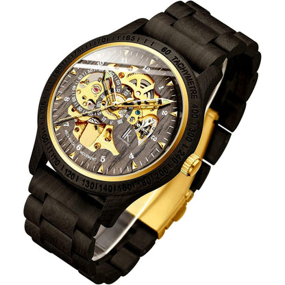 IK COLOURING Men's Watches Luxury Mechanical Wooden Case Skeleton Lumious Automatic Self-Winding Lightweight Genuine Leather Bracelet/Wood Band Wrist Watch