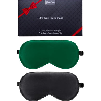 BeeVines Sleep Mask, 2 Pack 100% Real Natural Silk Eye Masks with Adjustable Strap for Sleeping, Mulberry Silk Eye Sleep Shade Cover, Blocks Light Reduces Puffy Eyes Traveling Gifts (Black & Black)