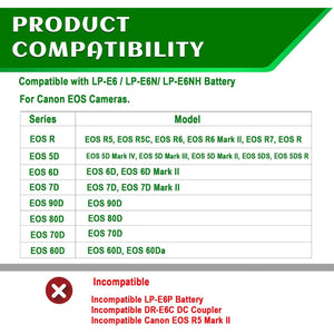 Gonine LP-E6 LP-E6N LP-E6NH Dummy Battery and ACK-E6 AC Power Adapter Kit, fit for Canon EOS R R5 R5C R6 R7, 90D 80D 70D 60D, 7D 6D, 6D Mark II, 7D Mark II, 5D Mark II III IV, 5DS 5DSR Cameras.