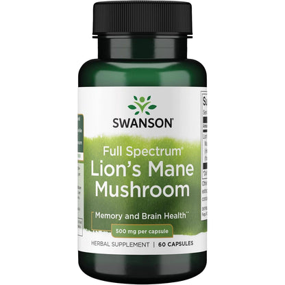 Swanson Lion's Mane Mushroom Capsules - 500 mg Each, 60 Capsules - Herbal Supplement Supporting Cognitive Function