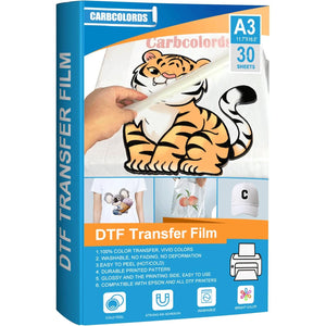 Carbcolords Premium DTF Transfer Film for DTF Sublimation Printer,A3 Glossy Clear PreTreat Sheets PET Heat Transfer Paper Direct Print On T-Shirts Textile (11.7" x 16.5")