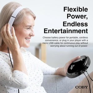 Coby Portable CD Player with Headphones, FM Radio and MP3 Compatible, LCD Display, 60-Second Anti-Skip Protection, Shockproof Design for Easy Travel, Includes Micro USB Cable for Charging