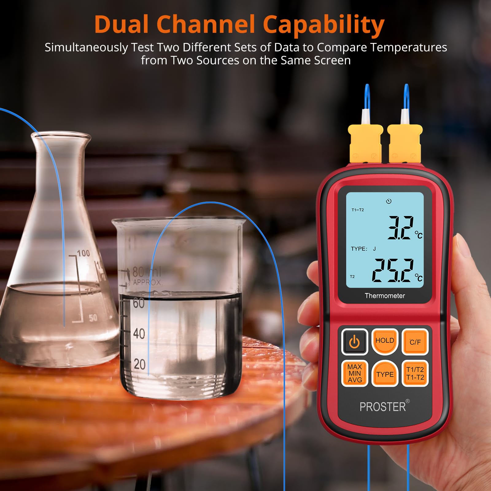 Buy now Proster Digital Thermocouple Temperature Thermometer Dual Channel - with Two K-Type Thermocouple Probe, Backlight LCD Thermometer for K J T E R S N Type at indiglob india