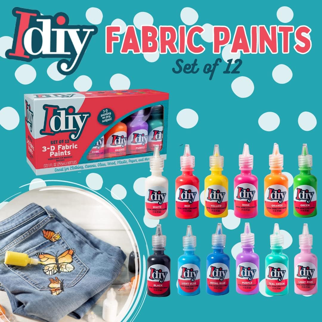 Buy now DIY Fabric Paints, Set of 12 Colors, (1oz bottles) Ultra Bright 3D Fabric Paint, Non-Toxic Water-Based and Permanent - Great Craft, Gift, Project, Summer Camp Activity - Decorate on Any Surface! at indiglob india