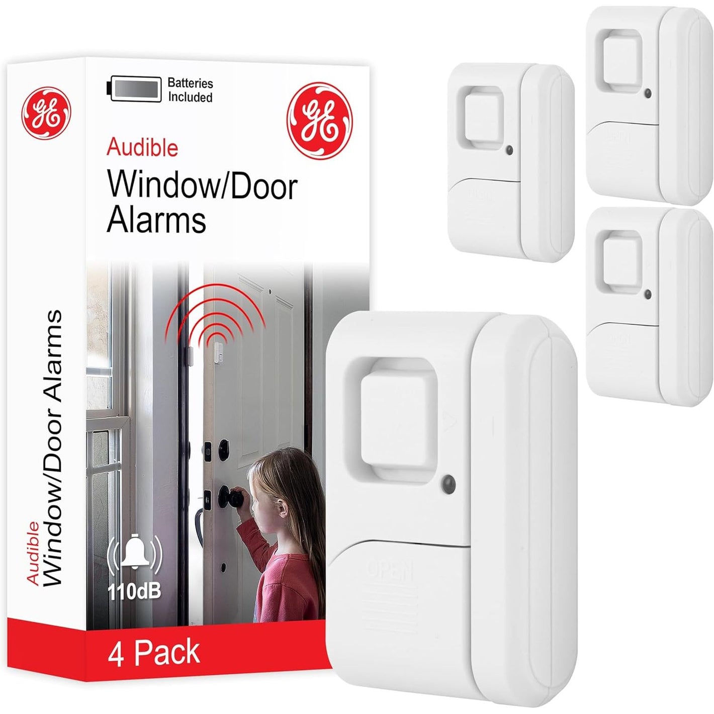 GE Personal Security Window and Door Alarm, 4 Pack, DIY Protection, Burglar Alert, Wireless Chime/Alarm, Easy Installation, Home Security, Ideal for Home, Garage, Apartment and More, White, 45174