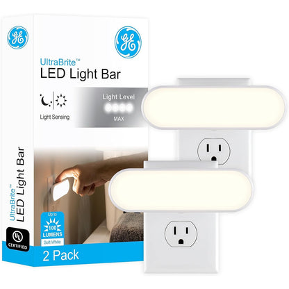 GE Ultrabrite LED Light Bar Night Lights Plug Into Wall Room Decor Ambient Lighting Dusk to Dawn Sensor Bright Nightlight, White, 100 Lumens, 2 Pack