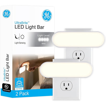 GE Ultrabrite LED Light Bar Night Lights Plug Into Wall Room Decor Ambient Lighting Dusk to Dawn Sensor Bright Nightlight, White, 100 Lumens, 2 Pack