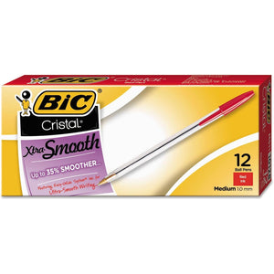 BIC Cristal Xtra Smooth Red Ballpoint Pens, Medium Point (1.0mm), 12-Count Pack, Extra Smooth and Reliable Ballpoint Pens
