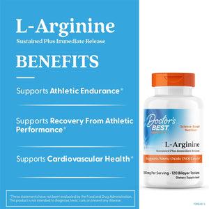 Doctor's Best Sustained Plus Immediate Release L-Arginine, Non-GMO, Vegan, Gluten & Soy Free, 500 mg, Tablet, 120 Count