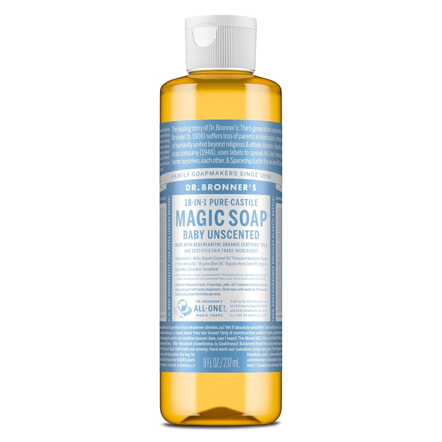 Dr. Bronner's Pure-Castile Magic Liquid Soap (Baby Unscented, 8 Ounce)- Made with Regenerative Organic Certified Oils, For Face, Body Wash, Baby Soap, Sensitive Skin, No Added Fragrance, Vegan