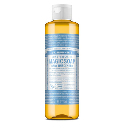 Dr. Bronner's Pure-Castile Magic Liquid Soap (Baby Unscented, 8 Ounce)- Made with Regenerative Organic Certified Oils, For Face, Body Wash, Baby Soap, Sensitive Skin, No Added Fragrance, Vegan