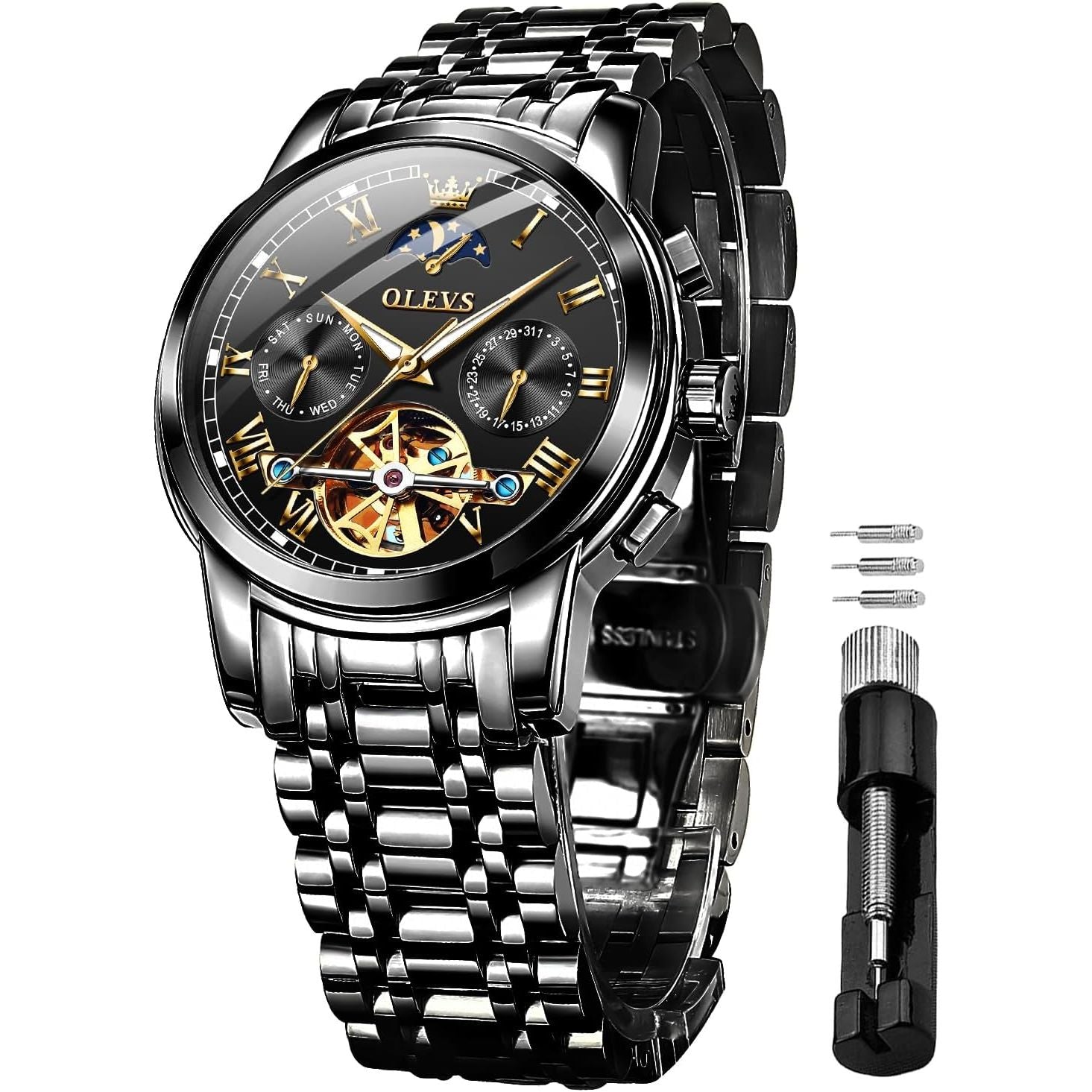 Buy now OLEVS Mens Automatic Watches Skeleton Tourbillon Mechanical Self Winding Luxury Dress Wrist Watch Moon Phase Day Date Waterproof Luminous at indiglob india