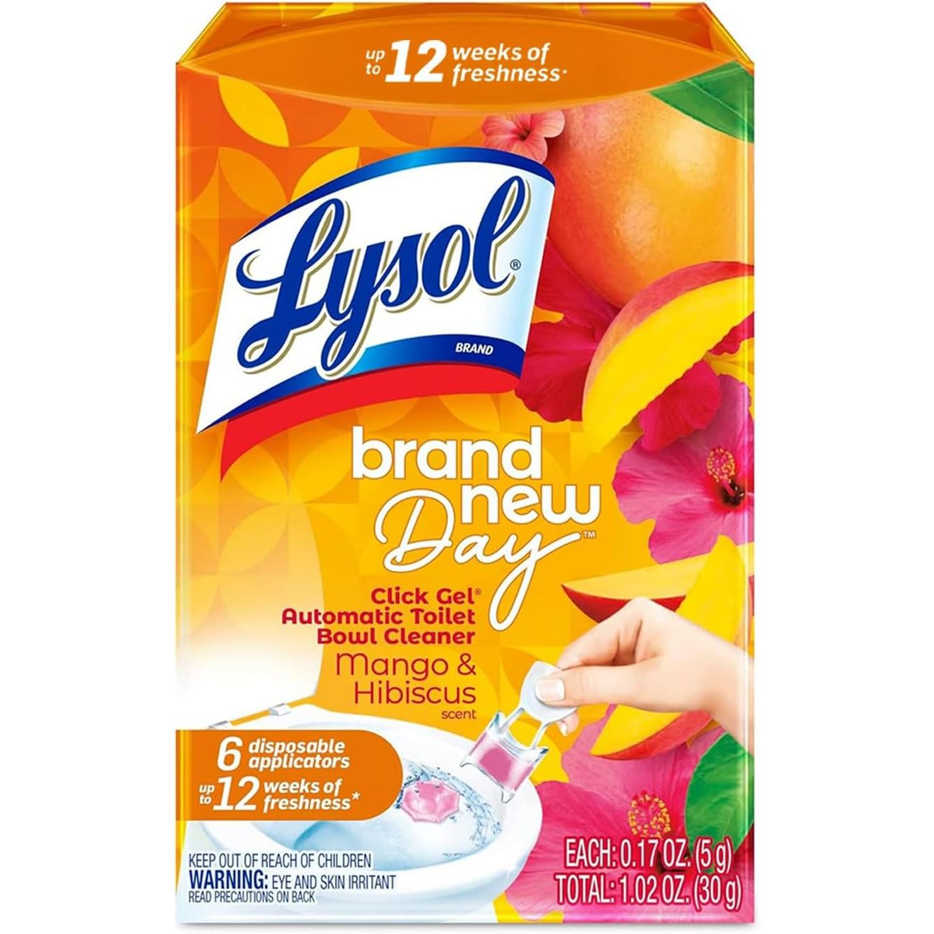 Lysol Click Gel Automatic Toilet Bowl Cleaner, Toilet Gel Stamp, Toilet Freshener, Bathroom Essentials, Refreshing Mango & Hibiscus Scent, 6 Count (Pack of 1)