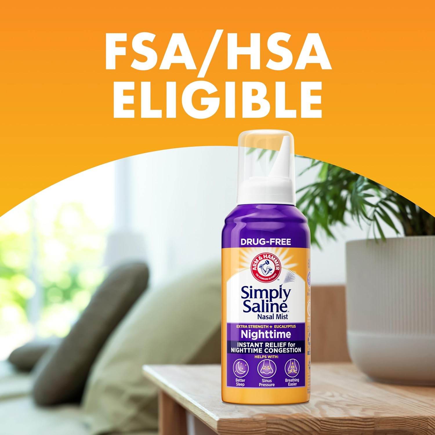 ARM & HAMMER Simply Saline Nighttime Drug-Free Mist for Nasal Congestion at Night, Extra Strength, Calming Eucalyptus, Safe to Use with Rx and OTC, For Adults and Kids Ages 2+, 4.6 oz (129 g) - My Store